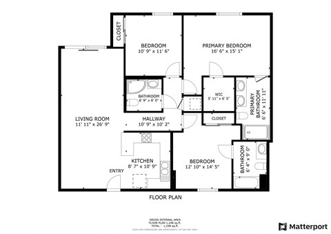 Floor plan for 3 beds, 3 baths, 1327 sqft